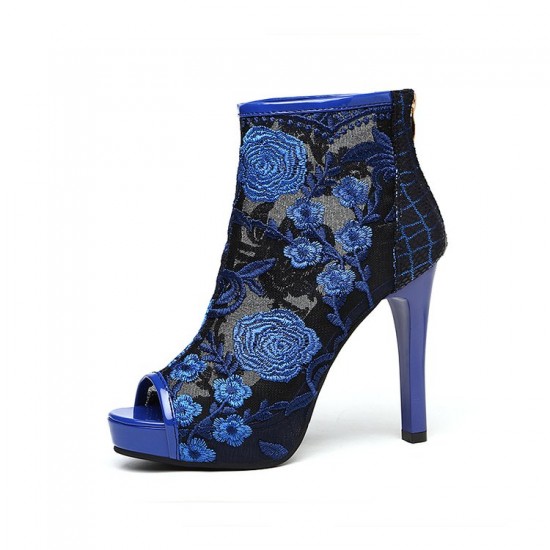Women's Hollow out Embroidery Thin Heeled Sandals-Blue image