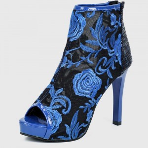 Women's Hollow out Embroidery Thin Heeled Sandals-Blue