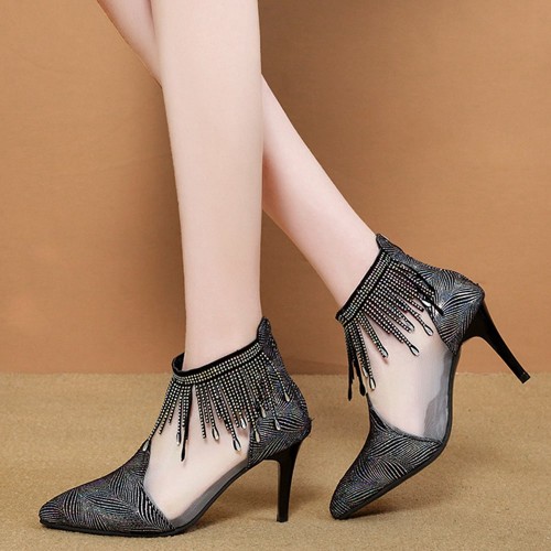 New Net Hollow High Heels Tassels Rhinestone Pointed Toe Shoes-Black image