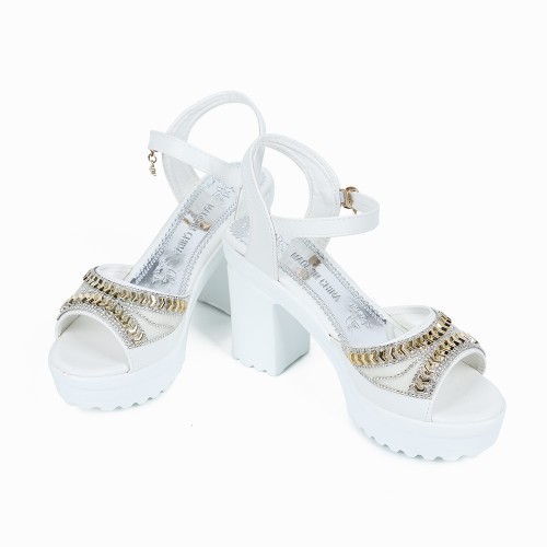 Rhinestone High And Thick-Heeled Waterproof Sandals-White image