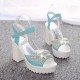 Rhinestone High And Thick-Heeled Waterproof Sandals-Blue image