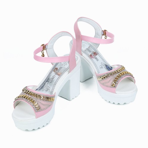 Rhinestone High And Thick-Heeled Waterproof Sandals-Pink image