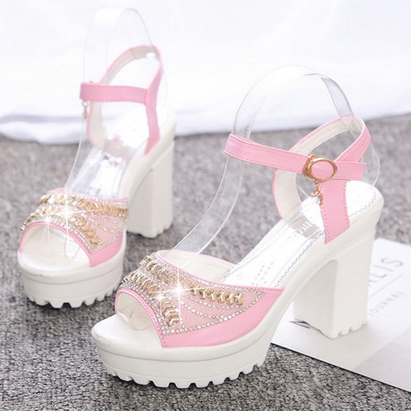 Rhinestone High And Thick-Heeled Waterproof Sandals-Pink image