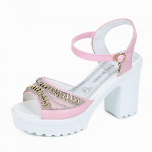 Rhinestone High And Thick-Heeled Waterproof Sandals-Pink