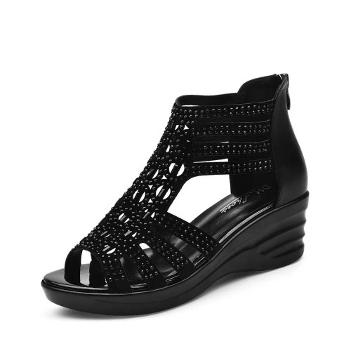 Casual Fish Mouth Back Zipper Wedge Sandals - Black image