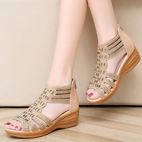 Casual Fish Mouth Back Zipper Wedge Sandals - Beige image