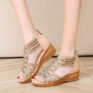 Casual Fish Mouth Back Zipper Wedge Sandals - Beige