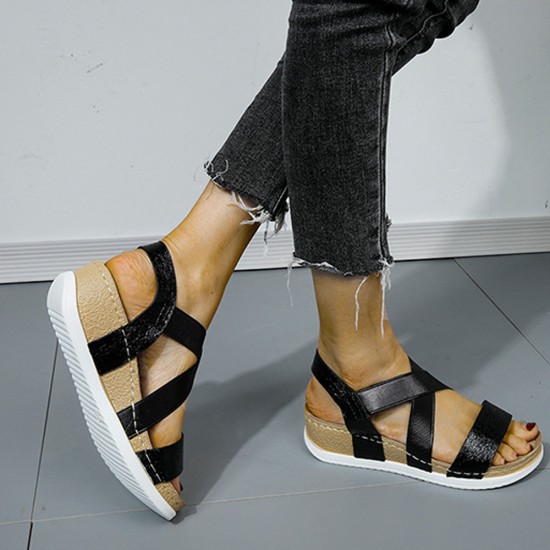 Women Cross Ankle Strap Leather Sandals - Black image
