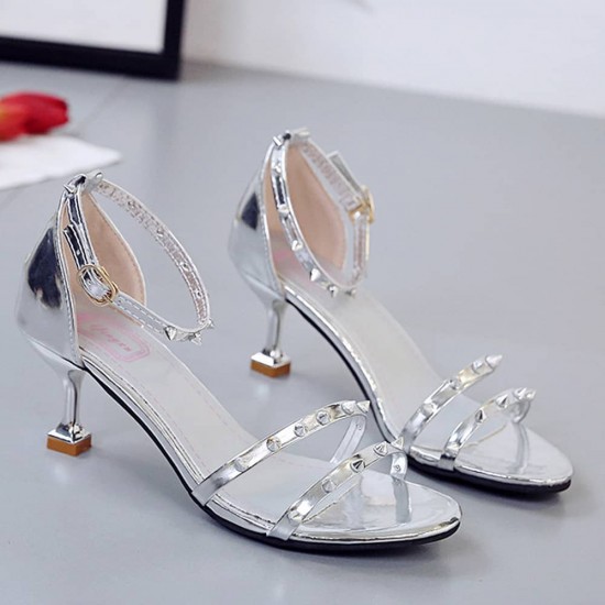 Rivets Decorated Open-Toe Ankle Strap Sandals - Silver image