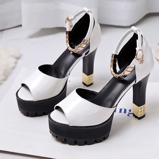 Chunky Heel Peep Toe Ankle Strap Sandals - White image