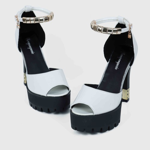 Chunky Heel Peep Toe Ankle Strap Sandals - White image