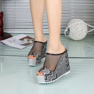 Lace Hollow High Heeled Wedge Sandals - Black