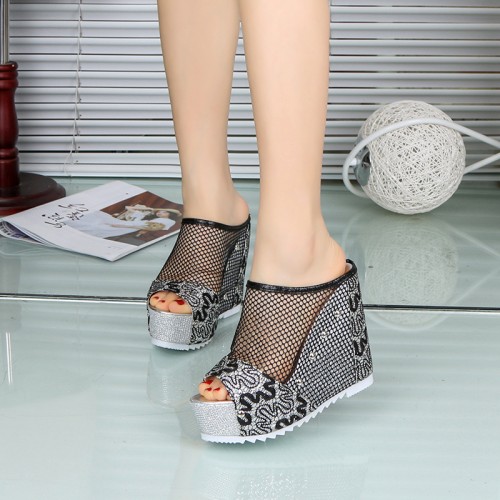 Lace Hollow High Heeled Wedge Sandals - Black image