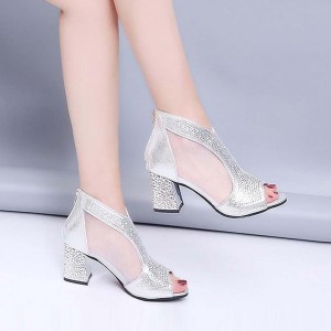 Glitter Back Zipper Low Heels Sandals - Silver
