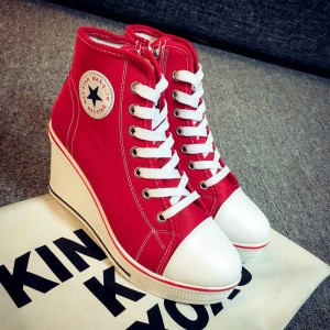 High Wedge Platform Canvas Sneaker Shoes- RED