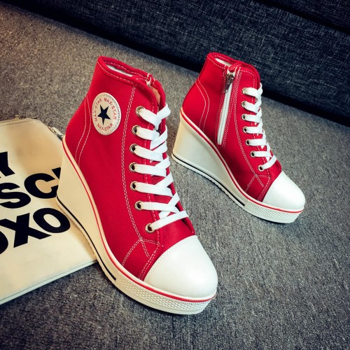 High Wedge Platform Canvas Sneaker Shoes- RED image