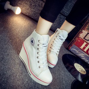 High Wedge Platform Canvas Sneaker Shoes- White
