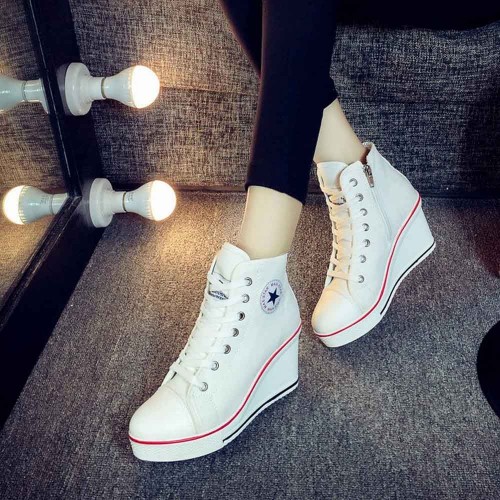 High Wedge Platform Canvas Sneaker Shoes- White image