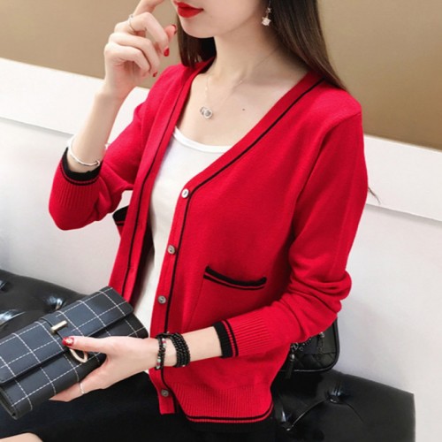Women Elegant Cardigan Long Sleeve Sweater - Red image