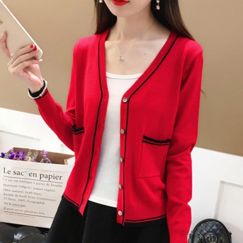 Women Elegant Cardigan Long Sleeve Sweater - Red image