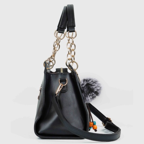 Contrast Furry Ball Hanging Chain Strap Shoulder Bag-Black image