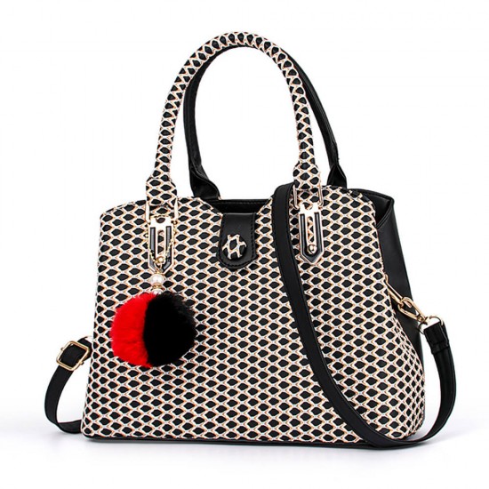 Trendy Weave Pattern Furry Ball Hanging Shoulder Bag -Black image