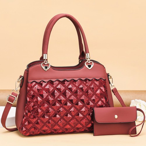 New Style Sequined Stitch 2 piece Hand Bag Set-Red image