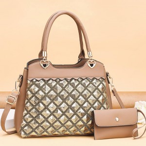 New Style Sequined Stitch 2 piece Hand Bag Set-Brown