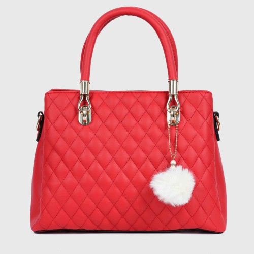 Casual Rhombic Embroidery Furry Ball Hand bag-Red image
