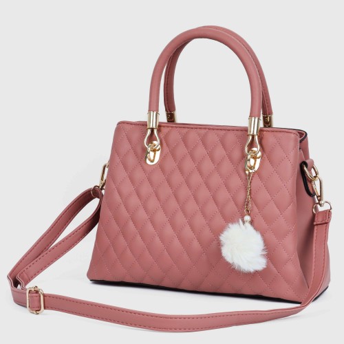 Casual Rhombic Embroidery Furry Ball Hand bag-Pink image