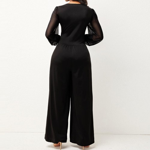 Trendy V Neck Pleated Full Sleeved Jumpsuit – Black image
