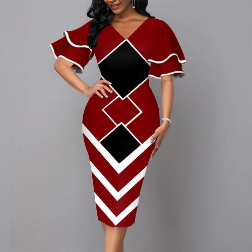 Elegant Bell Sleeved Geometric Printed Mid Calf Dress - Red | Image