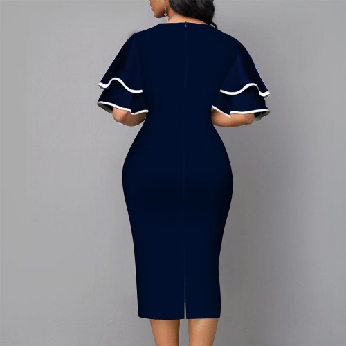 Elegant Bell Sleeved Geometric Printed Mid Calf Dress - Blue image