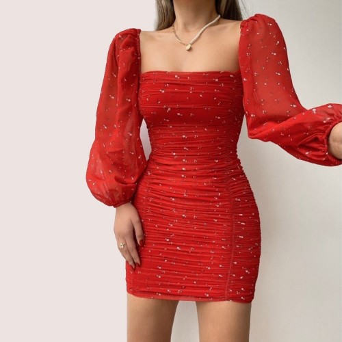 Glamorous Square Neck Floral Pleated Bodycon Dress - Red image