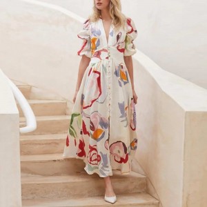 Buttoned Style High Waist Floral Printed Maxi Dress - White