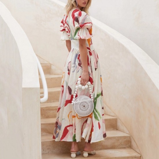 Buttoned Style High Waist Floral Printed Maxi Dress - White image