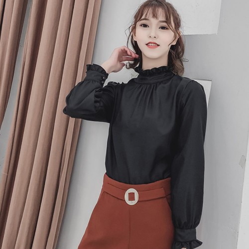 Retro Style Stand Up Collar Long Sleeved Blouse Top - Black image