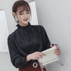 Retro Style Stand Up Collar Long Sleeved Blouse Top - Black