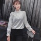Retro Style Stand Up Collar Long Sleeved Blouse Top - White image