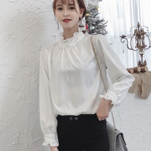 Retro Style Stand Up Collar Long Sleeved Blouse Top - White