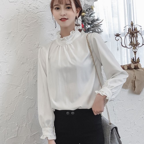 Retro Style Stand Up Collar Long Sleeved Blouse Top - White image