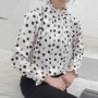 Retro Style Stand Up Collar Long Sleeved Blouse Top - Polka