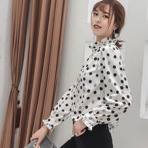 Retro Style Stand Up Collar Long Sleeved Blouse Top - Polka image