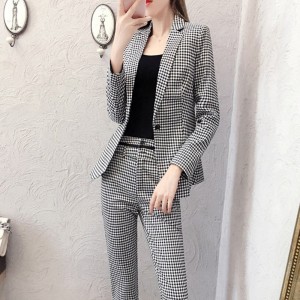 Classic Long Sleeved Slim Fit Plaid Two Piece Suit - Grey