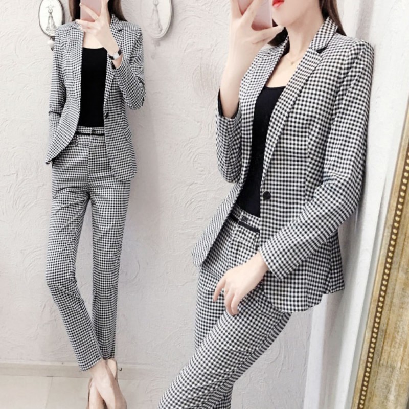 Classic Long Sleeved Slim Fit Plaid Two Piece Suit - Grey image