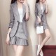 Western Style Long Sleeved Plaid Two Piece Suit Skirt - Grey | Image