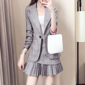 Western Style Long Sleeved Plaid Two Piece Suit Skirt - Grey