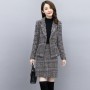 Plaided Two Piece Open Front Coat With Skirt Suit - Black