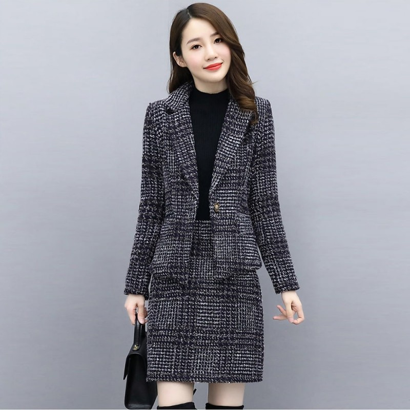 Plaided Two Piece Open Front Coat With Skirt Suit - Black|image