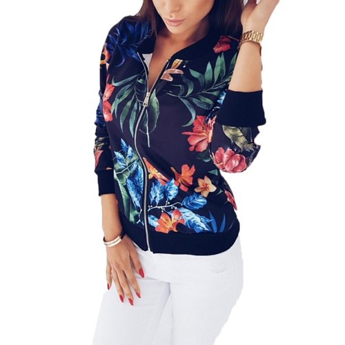 Retro Style Front Zipper Floral Printed Women Jacket - Blue image